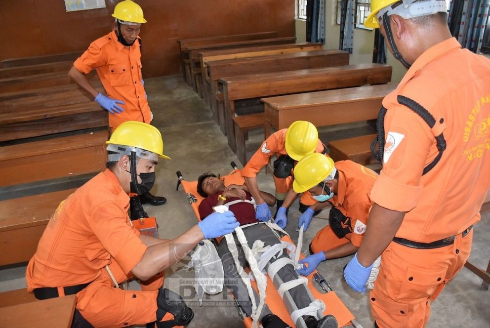 Students of Kohima Science College engage in mock drill exercise on earthquake at their campus in Jotsoma on July 18. (DIPR Photo)